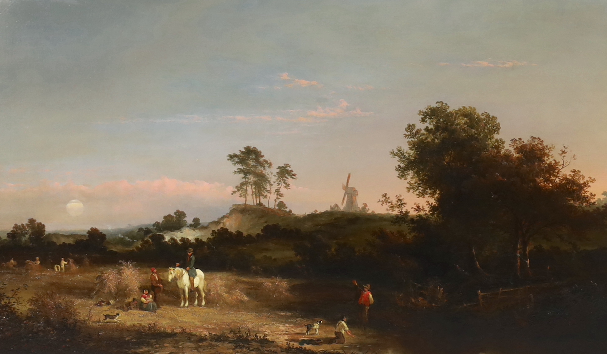 H.J. Williams (English, 19th C.), A harvest field with farm workers, children, a dog and a figure on horseback with a windmill in the distance, oil on canvas, 52.5 x 89cm